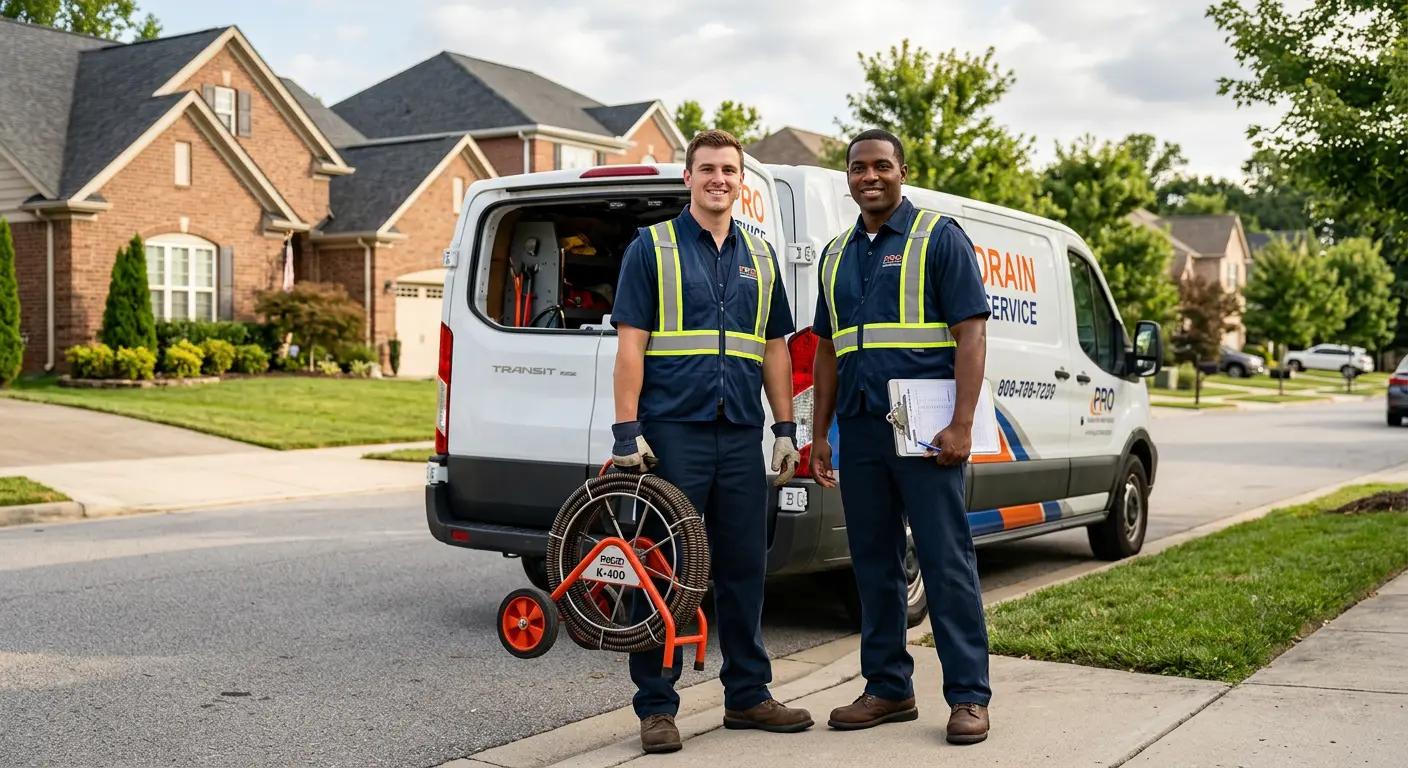 Sewer and drain service team with equipment ready for work in Burlington