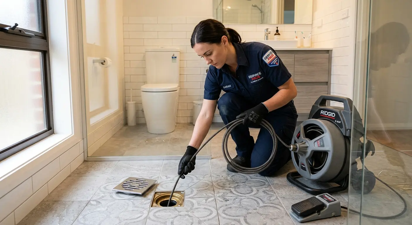 Technician clearing a bathroom floor drain for Clogged Drain Repair in Burlington
